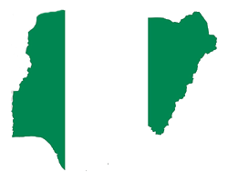 An outline of the country of Nigeria, in the colours of the Nigerian flag